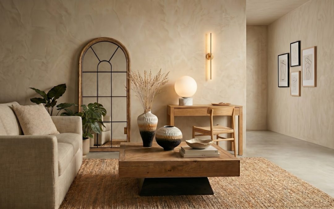 Salon Organic Modern aux murs de chaux sable : table basse Marius en pin recyclé, vases Linnea Duo, miroir arché Brisa et lampe globe Sphère, sur tapis en jute.