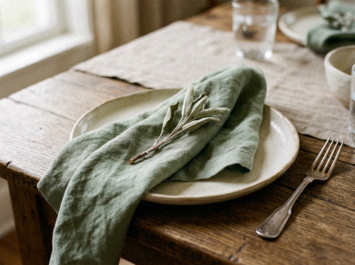 Serviette en lin vert sauge posée sur une assiette de grès écru, brin de sauge officinale, fourchette d'argent patinée et table de ferme en bois brut