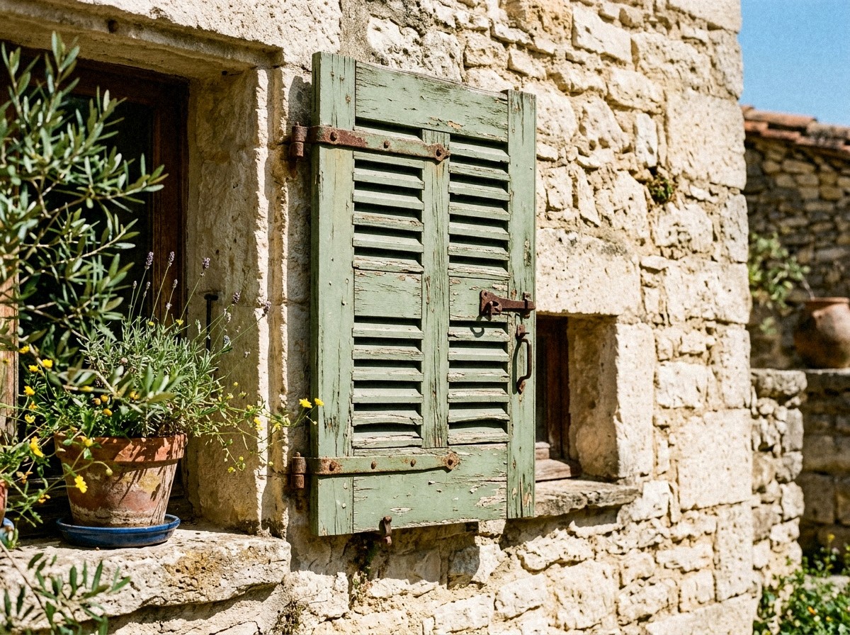 Volet persienne vert sauge à la peinture écaillée sur une façade de pierre ancienne, ferronnerie rouillée, olivier et lavande en pots de terre cuite