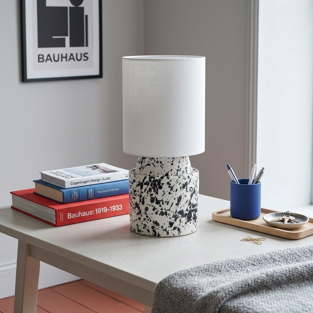Lampe en céramique blanche mouchetée d'éclaboussures noires, abat-jour blanc, sur un bureau clair et affiche graphique