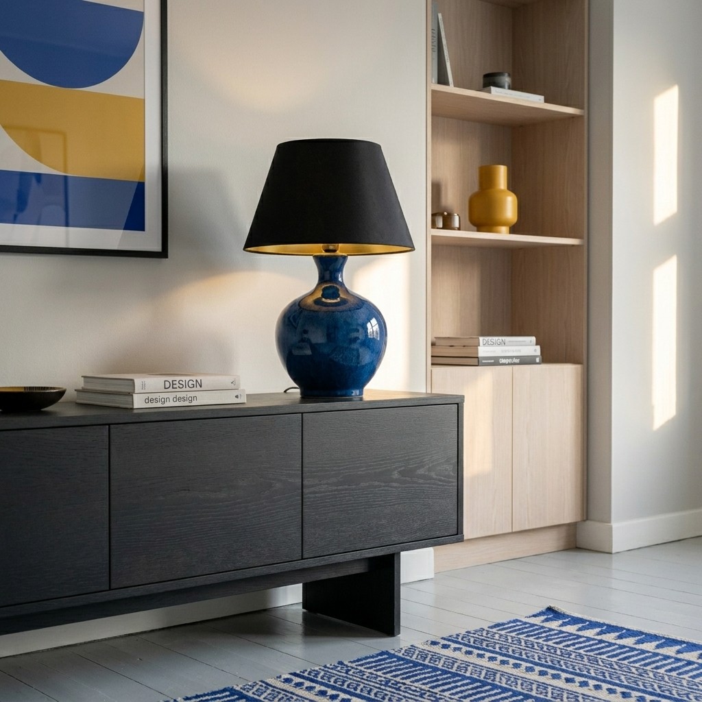Lampe en céramique bleu marine à l'abat-jour noir doublé d'or sur un buffet foncé, mur clair et cadre géométrique coloré