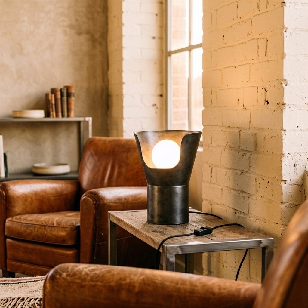 Lampe sculpturale en céramique noire effet acier, corps ouvert laissant l'ampoule apparente, mur de briques et cuir patiné