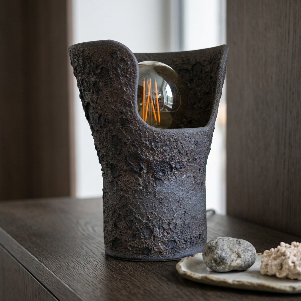 Lampe en grès noir texturé façon roche, corps ouvert laissant l'ampoule apparente, sur un meuble en bois foncé