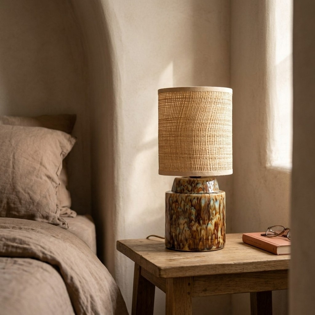 Lampe à poser en céramique et raffia sur une table de chevet en bois, base brun rouille mouchetée, mur en enduit clair