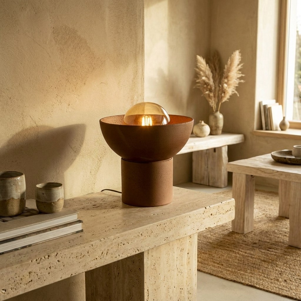 Lampe sculpturale en terre cuite rouge à l'ampoule apparente sur une console en pierre claire, mur en enduit beige