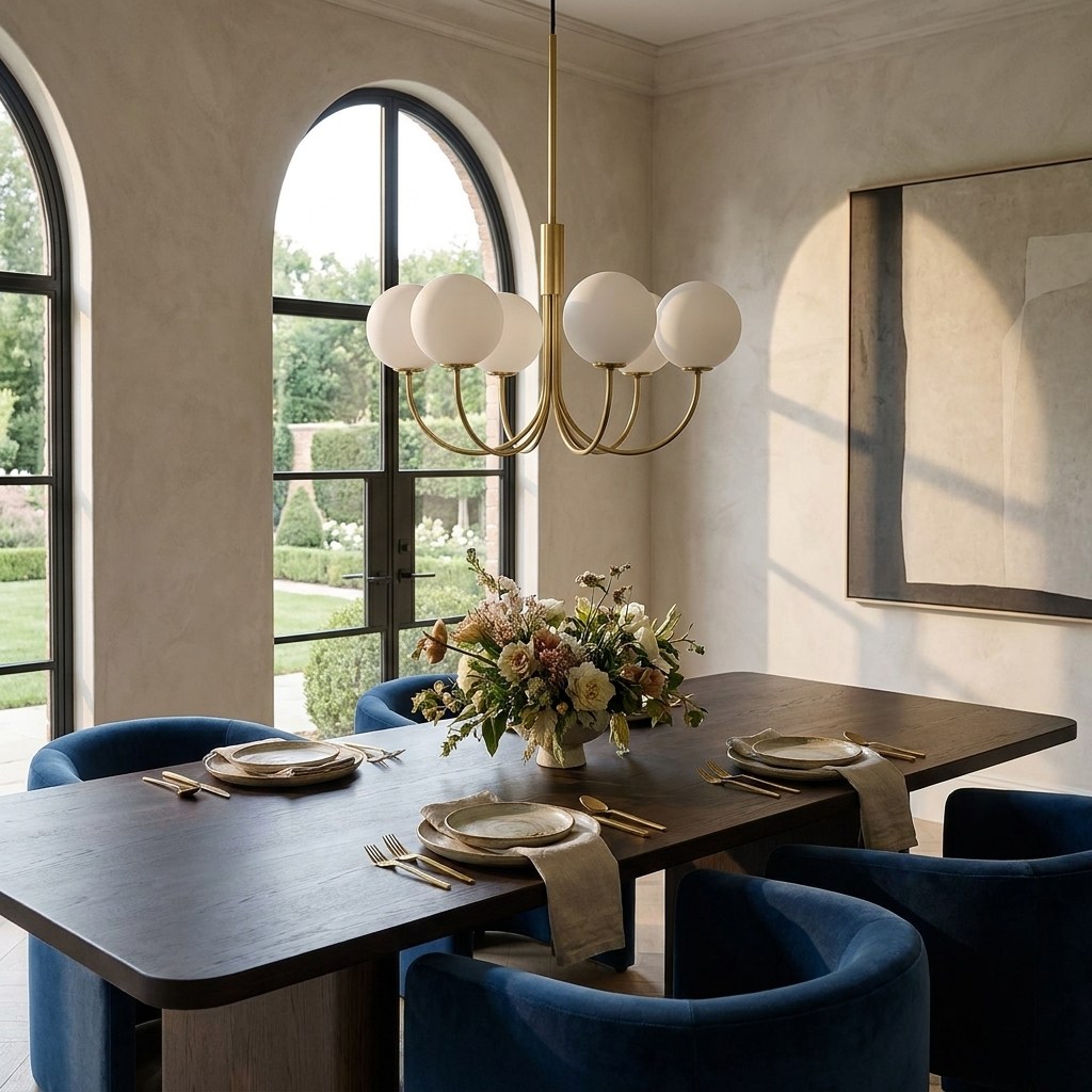 Lustre à six globes opalins et structure laiton au-dessus d'une table dans un intérieur méditerranéen contemporain