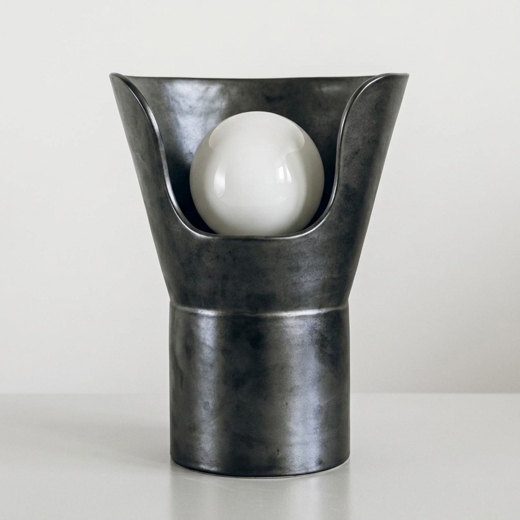 Lampe à poser en céramique noire effet acier satiné, corps sculptural découpé à la main ouvert sur une ampoule globe