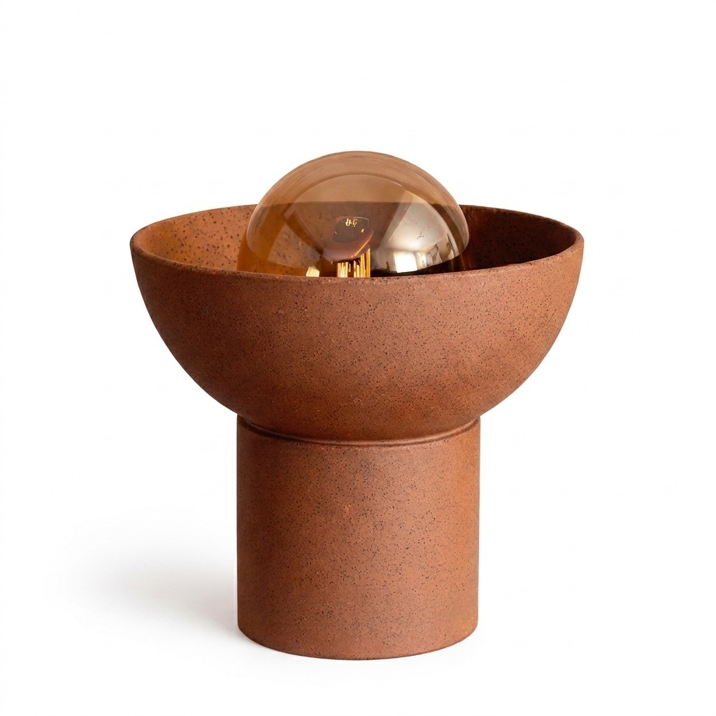 Lampe sculpturale en terre cuite rouge mouchetée, socle cylindrique et vasque ouverte à l'ampoule apparente, fond neutre