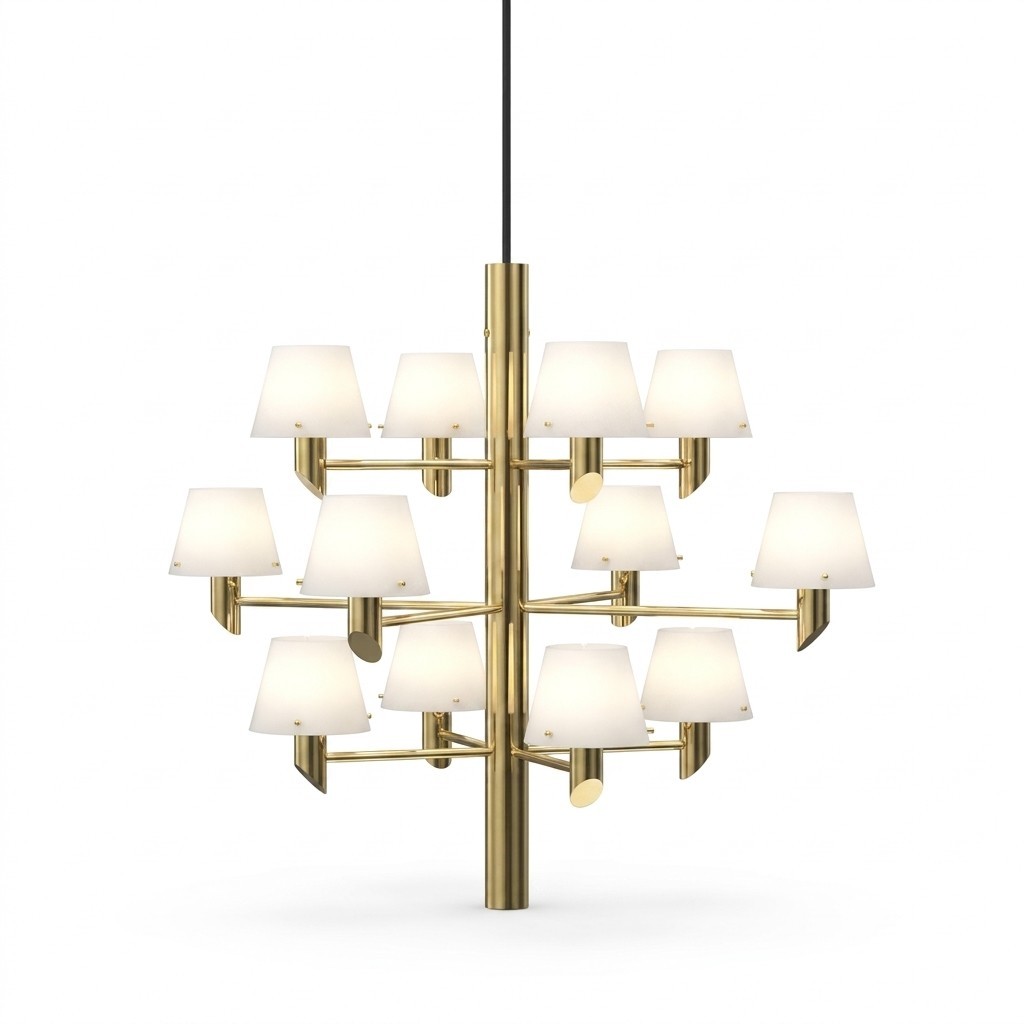 Lustre laiton douze lumières à petits abat-jours en verre opalin étagés sur trois niveaux, fond neutre