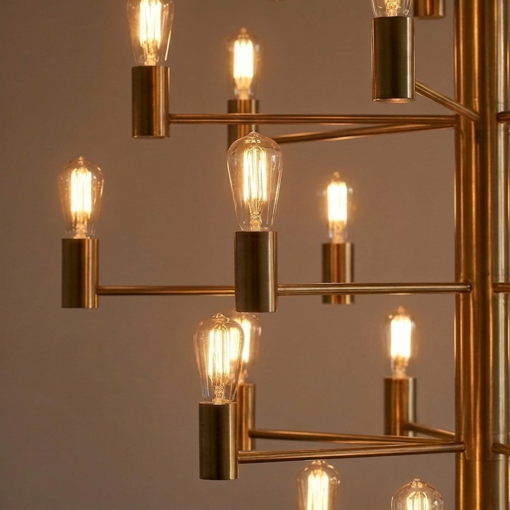 Détail des bras étagés en laiton satiné et des ampoules Edison en verre fumé d'un grand lustre
