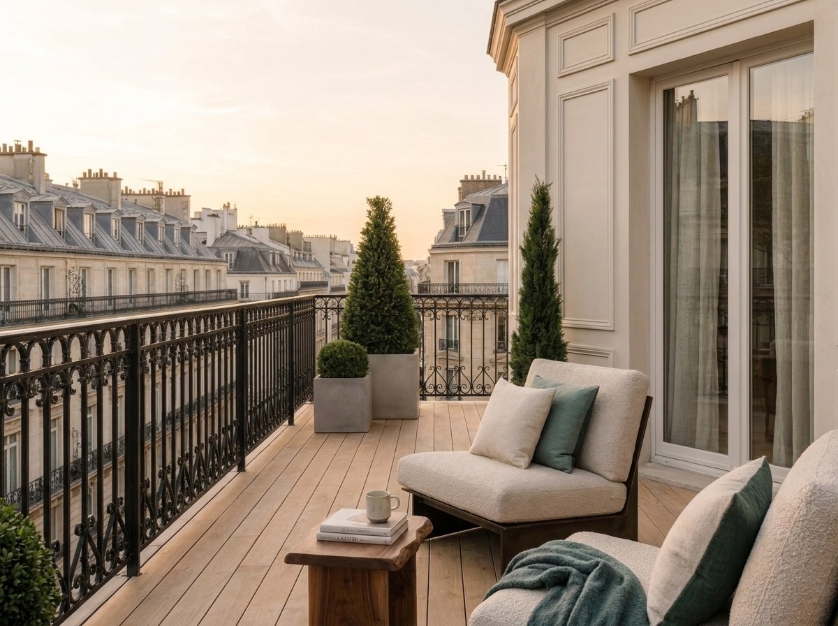 Balcon filant parisien en fin de jour, fauteuils bas en bouclé écru aux coussins vert sauge, plaid bleu-vert, table d'appoint en bois brut, ifs en bacs de pierre et rambarde en fonte devant les toits