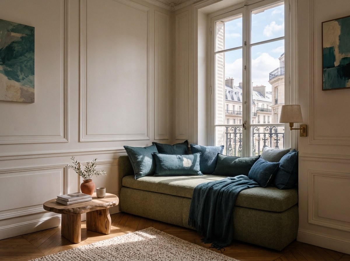 Banquette de lecture vert sauge sous la fenêtre, accumulation de coussins en lin déclinant le camaïeu du sauge à l'indigo, plaid bleu-vert et toits parisiens