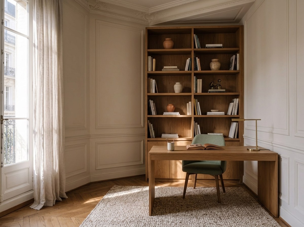 Bureau bibliothèque en chêne toute hauteur avec céramiques crème et terracotta entre les livres, chaise en tissu vert sauge, lampe articulée en laiton et tapis bouclé écru