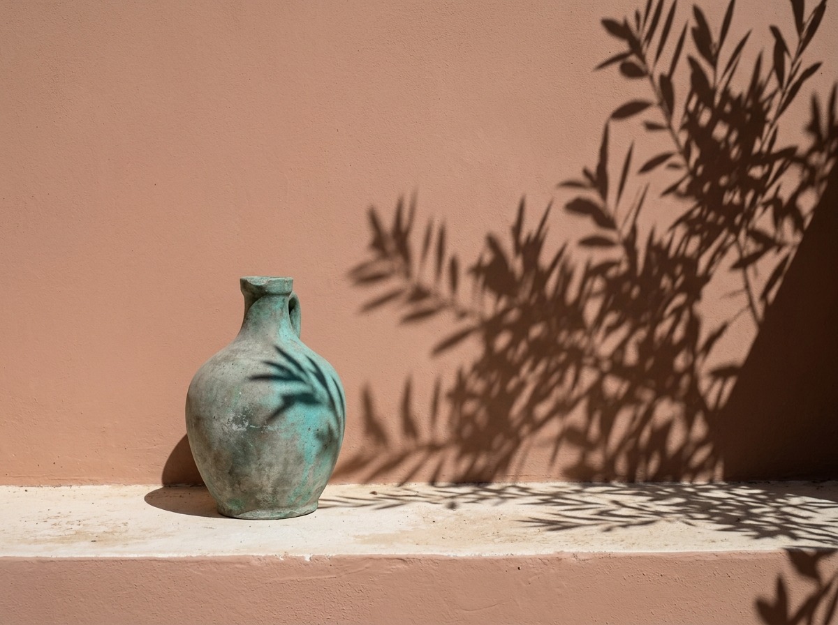Céramique turquoise vert-de-gris posée devant un enduit terracotta en plein soleil, ombres de feuillage projetées