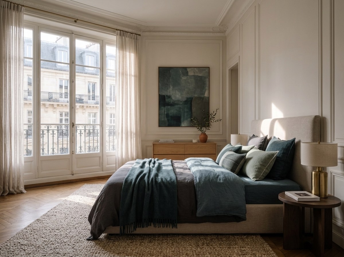 Chambre en camaïeu bleu-vert, lits en lin superposant pétrole et brun grisé, coussins du sauge à l'indigo, grande toile sombre, commode en chêne et lampe laiton à abat-jour écru