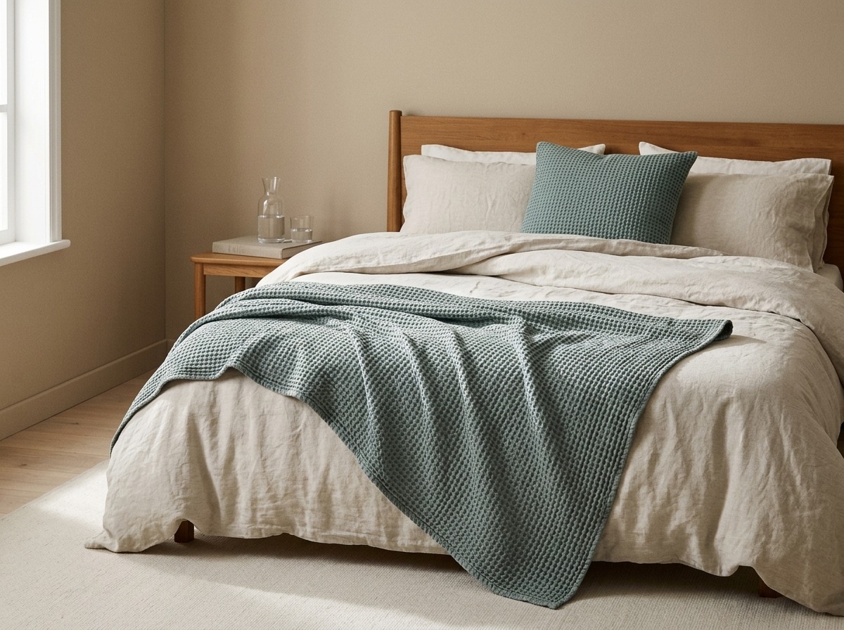 Chambre aux textiles vert de gris, jeté en coton gaufré et coussin assorti sur lit en lin écru, tête de lit en bois et mur sable