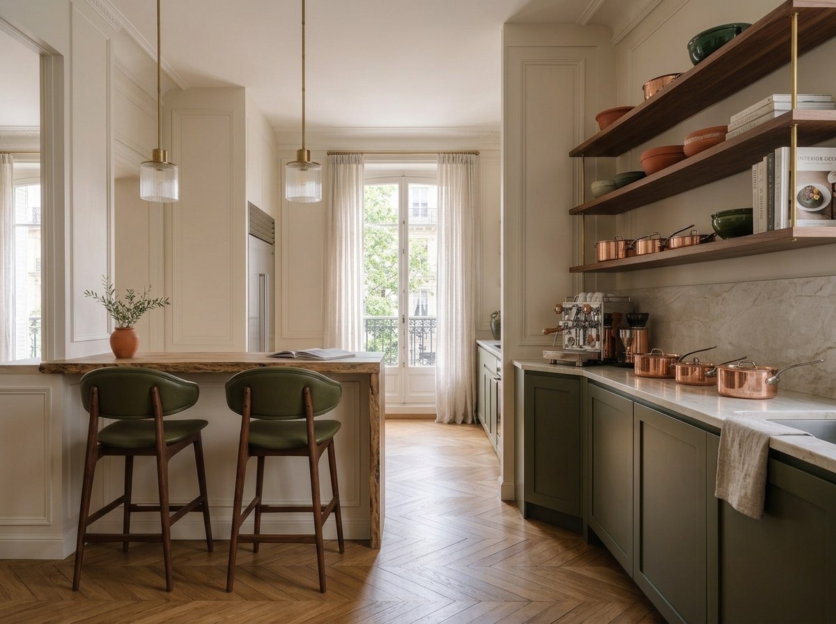 Cuisine haussmannienne aux façades vert olive et plan de pierre claire, étagères en noyer chargées de céramiques et de cuivres, suspensions en verre strié et laiton