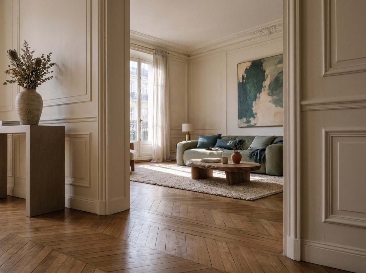 Enfilade haussmannienne cadrant un salon vert sauge, canapé aux coussins bleu-vert, grande toile abstraite, tapis écru et parquet en chevrons au premier plan