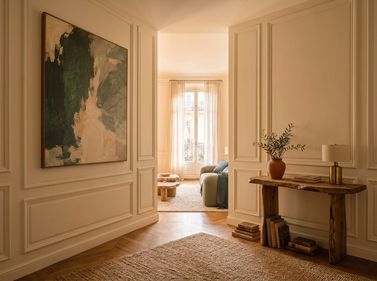 Entrée haussmannienne avec grande toile abstraite verte et sable dans les moulures, console en bois brut portant une lampe laiton et un vase terracotta aux branches d'olivier, enfilade ouverte sur le salon