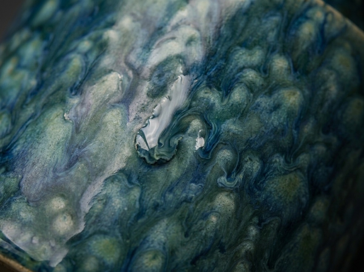 Macro d'une glaçure céramique bleu-vert aux coulures marbrées, surface irrégulière et brillante