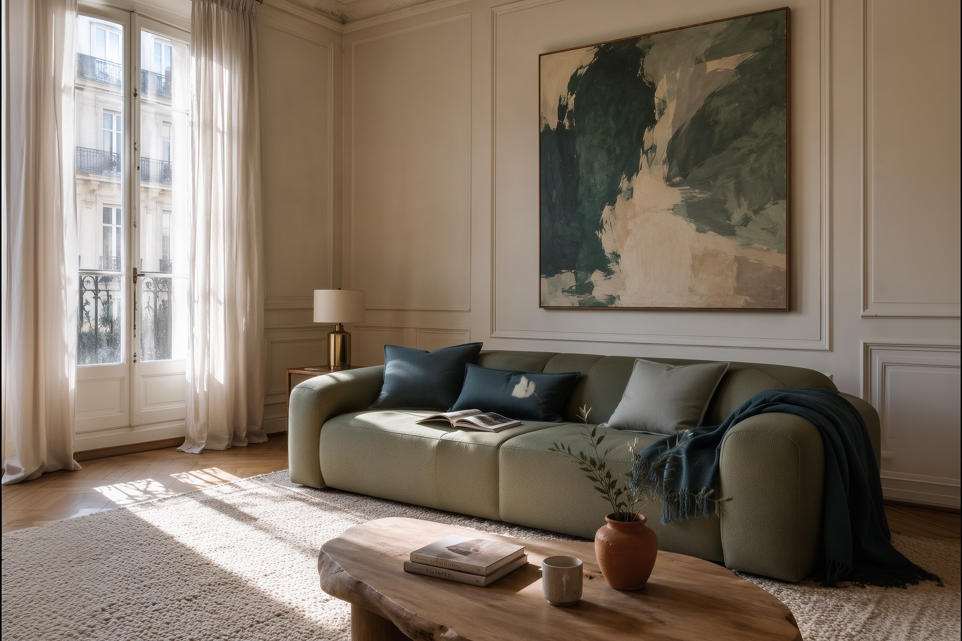 Salon haussmannien en harmonie de couleurs, canapé vert sauge aux coussins bleu-vert profond, grande toile abstraite verte, table basse en bois brut, vase terracotta et lampe laiton, moulures écru et parquet à chevrons