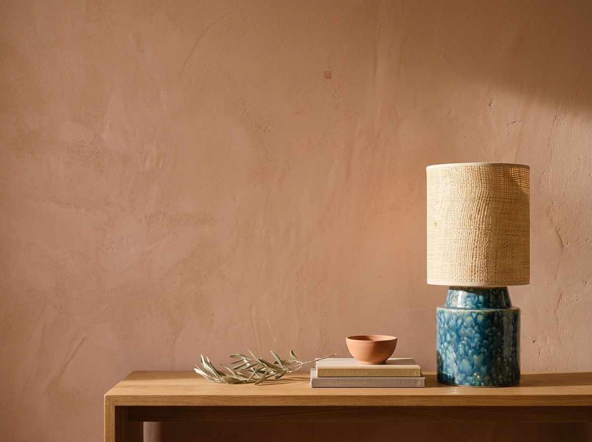 Lampe céramique bleu-vert à glaçure coulée et abat-jour raphia sur une console, mur enduit à la chaux terracotta, lumière rasante