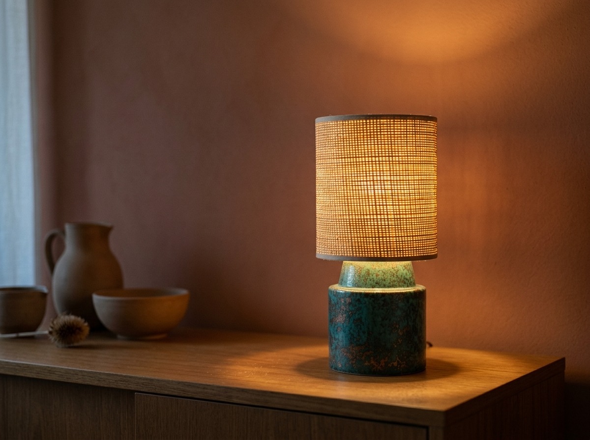 Petite lampe turquoise vert-de-gris en céramique patinée allumée sur un buffet en bois, abat-jour raphia tressé main, mur terre cuite au crépuscule