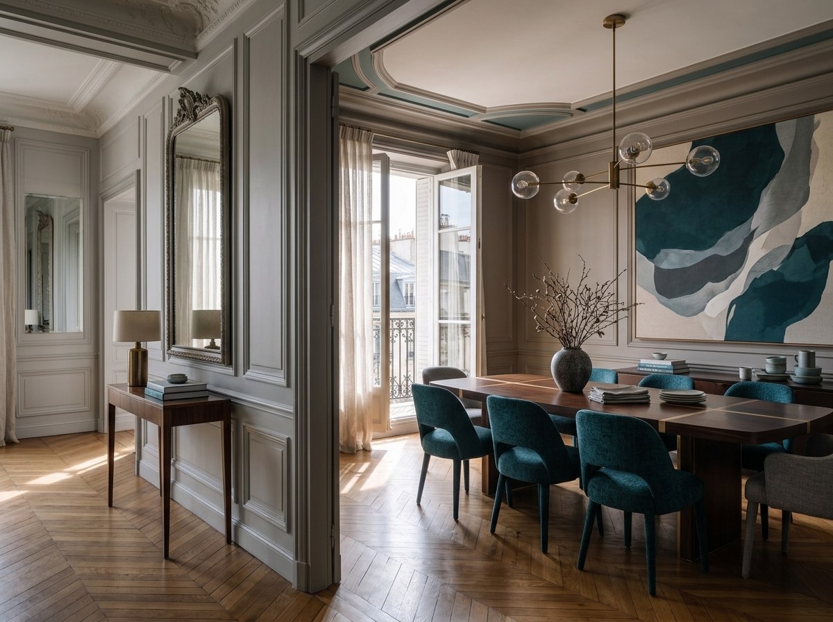 Salle à manger haussmannienne, table en noyer aux filets de laiton entourée de chaises en velours bleu-vert, lustre laiton à globes de verre, plafond au rechampi bleu-vert, grande toile abstraite et miroir ancien