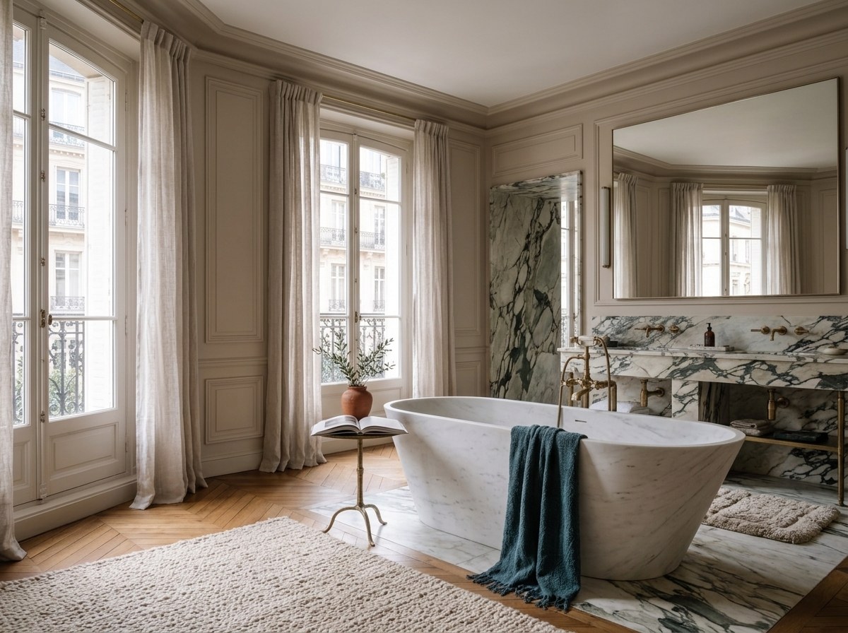 Salle de bain haussmannienne, baignoire îlot en pierre claire, mur de marbre aux veines vertes, robinetterie en laiton, drap de bain bleu-vert et vase terracotta près de la fenêtre