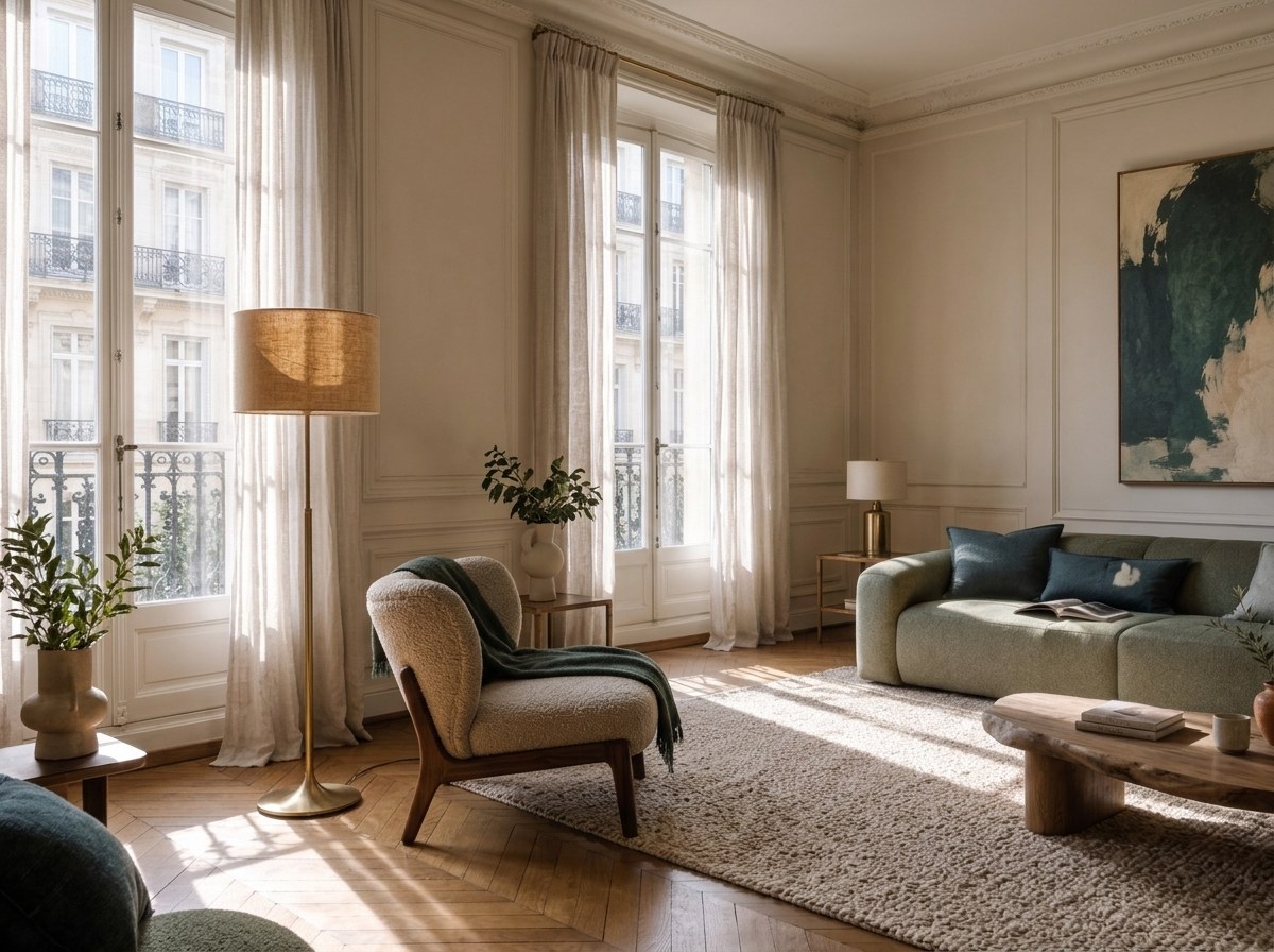 Salon beige et bois en dominante neutre, fauteuil bouclé écru au plaid vert sapin, lampadaire laiton à abat-jour de lin, canapé vert sauge et tapis en laine bouclée dans la lumière
