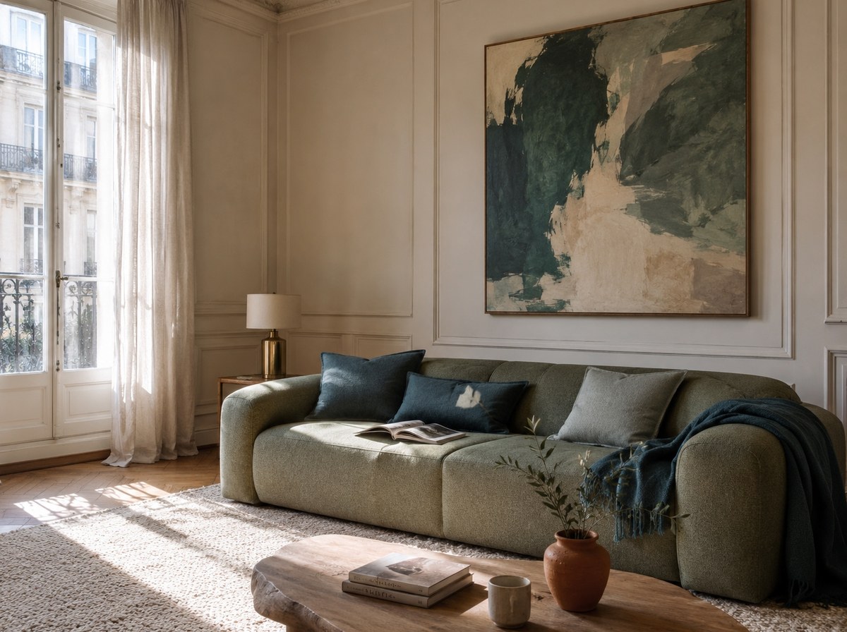 Le salon vu de face, canapé vert sauge sous la grande toile abstraite verte et sable, coussins bleu-vert, table basse en bois brut avec vase terracotta dans la lumière du matin