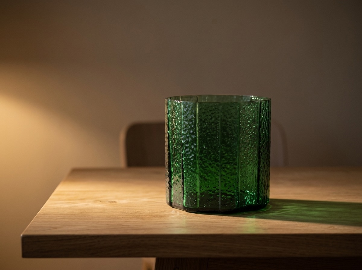 Vase en verre émeraude granité teinté dans la masse sur une table en bois brut, accent vert unique dans une pièce neutre et chaude