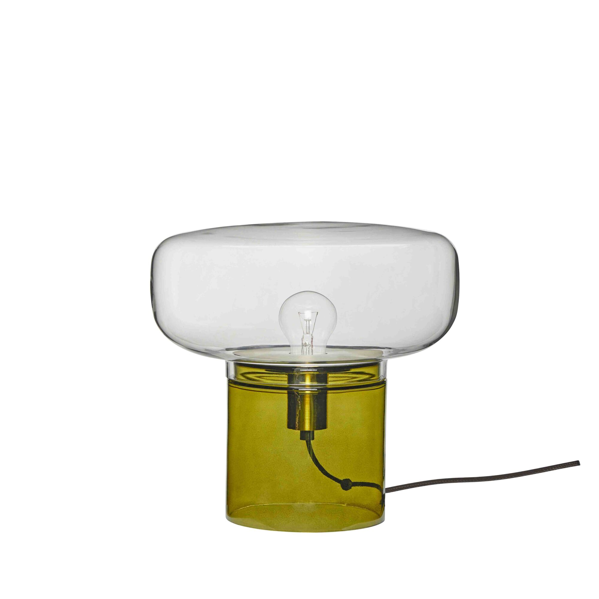 Lampe à poser en verre soufflé, base cylindrique verte et dôme transparent, ampoule et cordon noir visibles, fond blanc