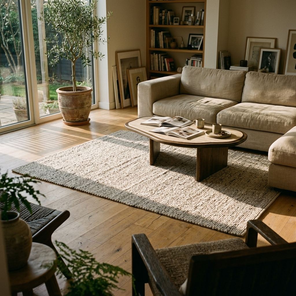 Tapis bouclette en laine écru moucheté sous une table basse en bois, canapé en lin beige et parquet clair, lumière rasante