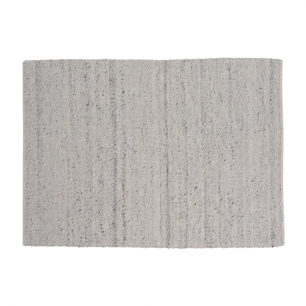 Tapis bouclette en laine écru moucheté gris vu de dessus, boucles fines et serrées, lisière beige, fond blanc