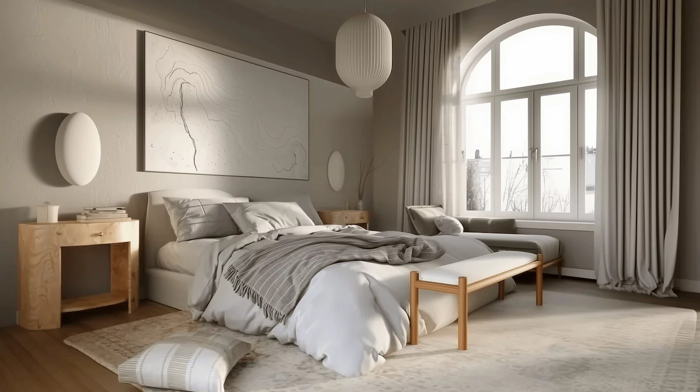 Atelier Xvi Organic Modern Chambre Grege Fenetre Cintree Banc Bois