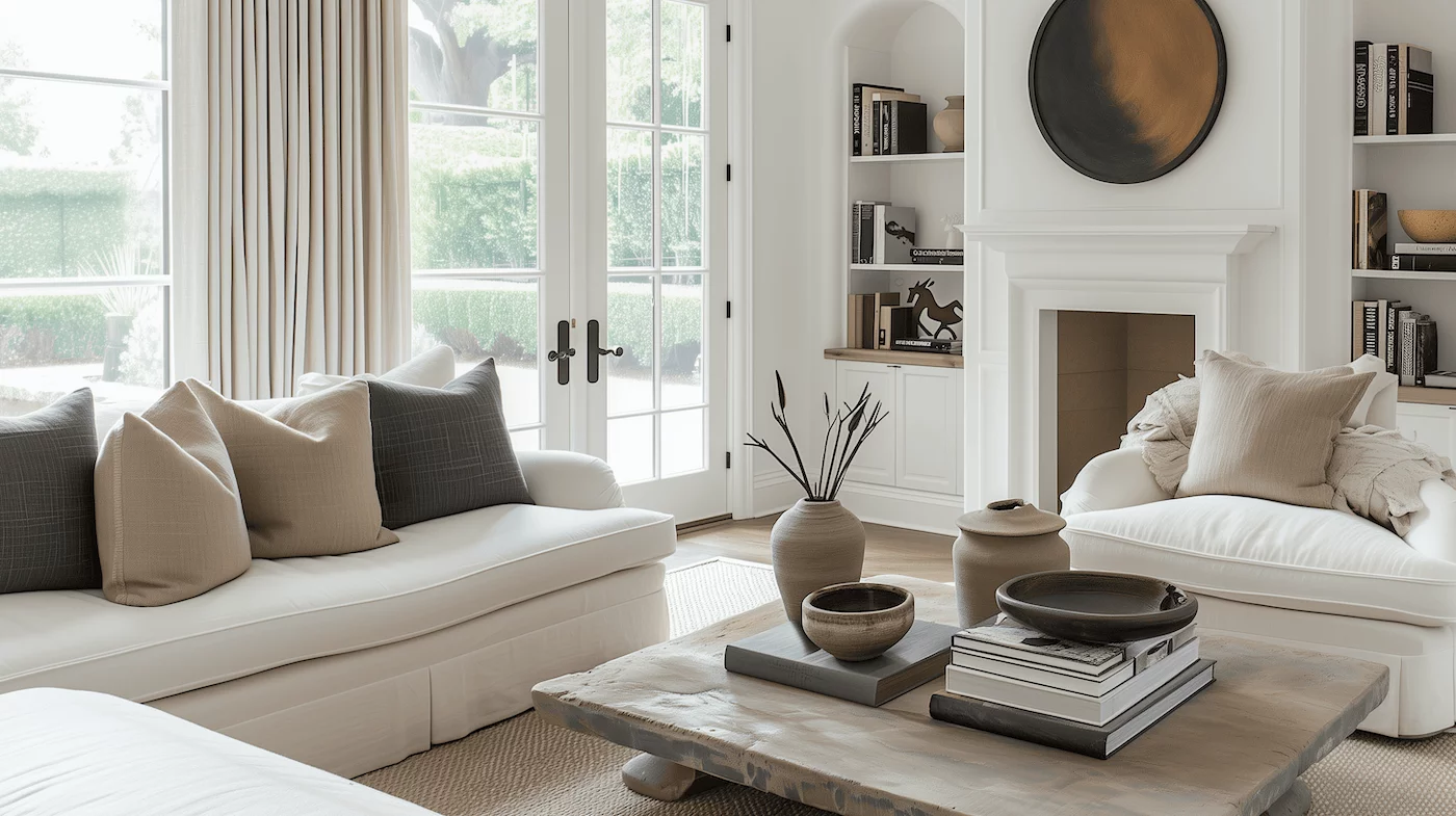 Atelier Xvi Organic Modern Salon Creme Table Pierre Brute Cheminee