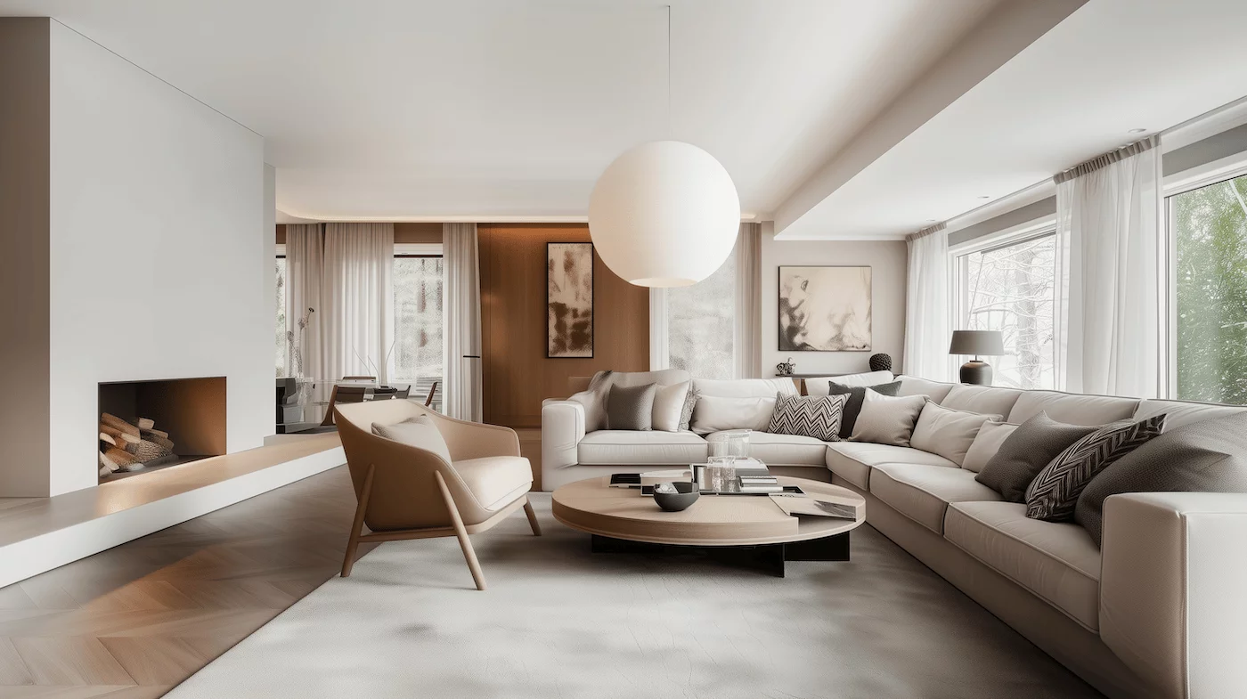 Atelier Xvi Scandinavian Warm Salon Canape Angle Ecru Table Ronde Bois Cheminee Globe