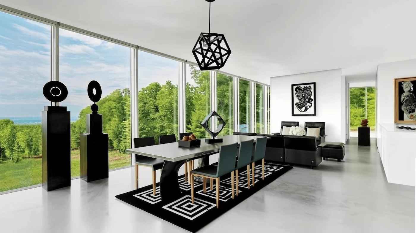 Atelier Xvi Urban Graphic Salle A Manger Baies Vitrees Tapis Geometrique Suspension Noire