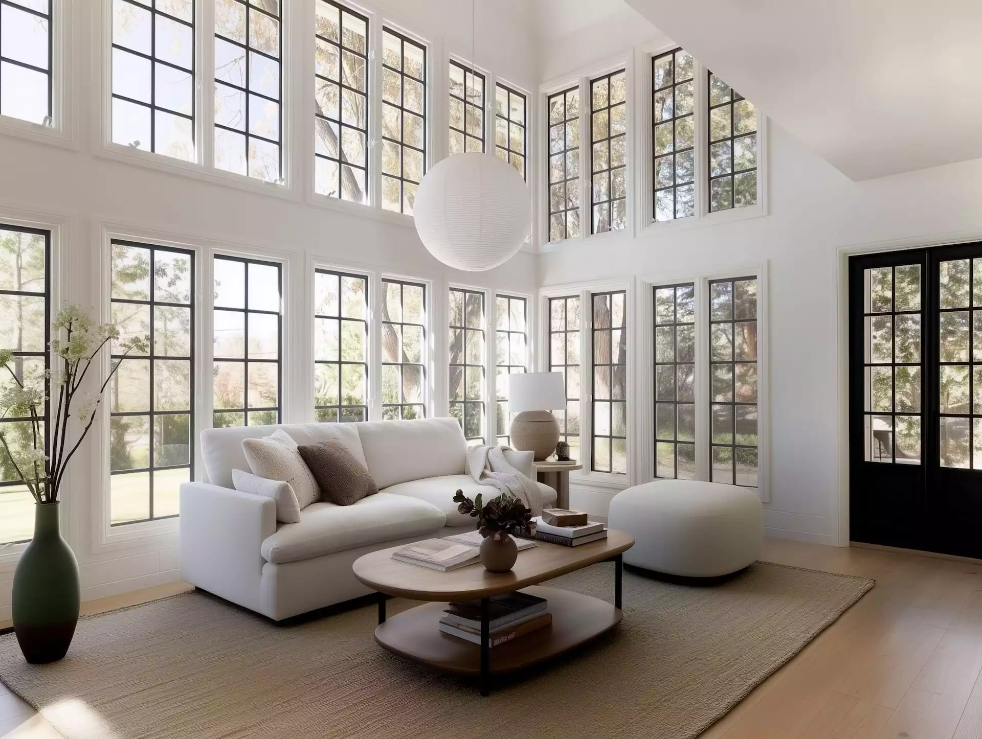 Salon clair avec baies à croisillons noirs, lanterne en papier, canapé écru, table bois