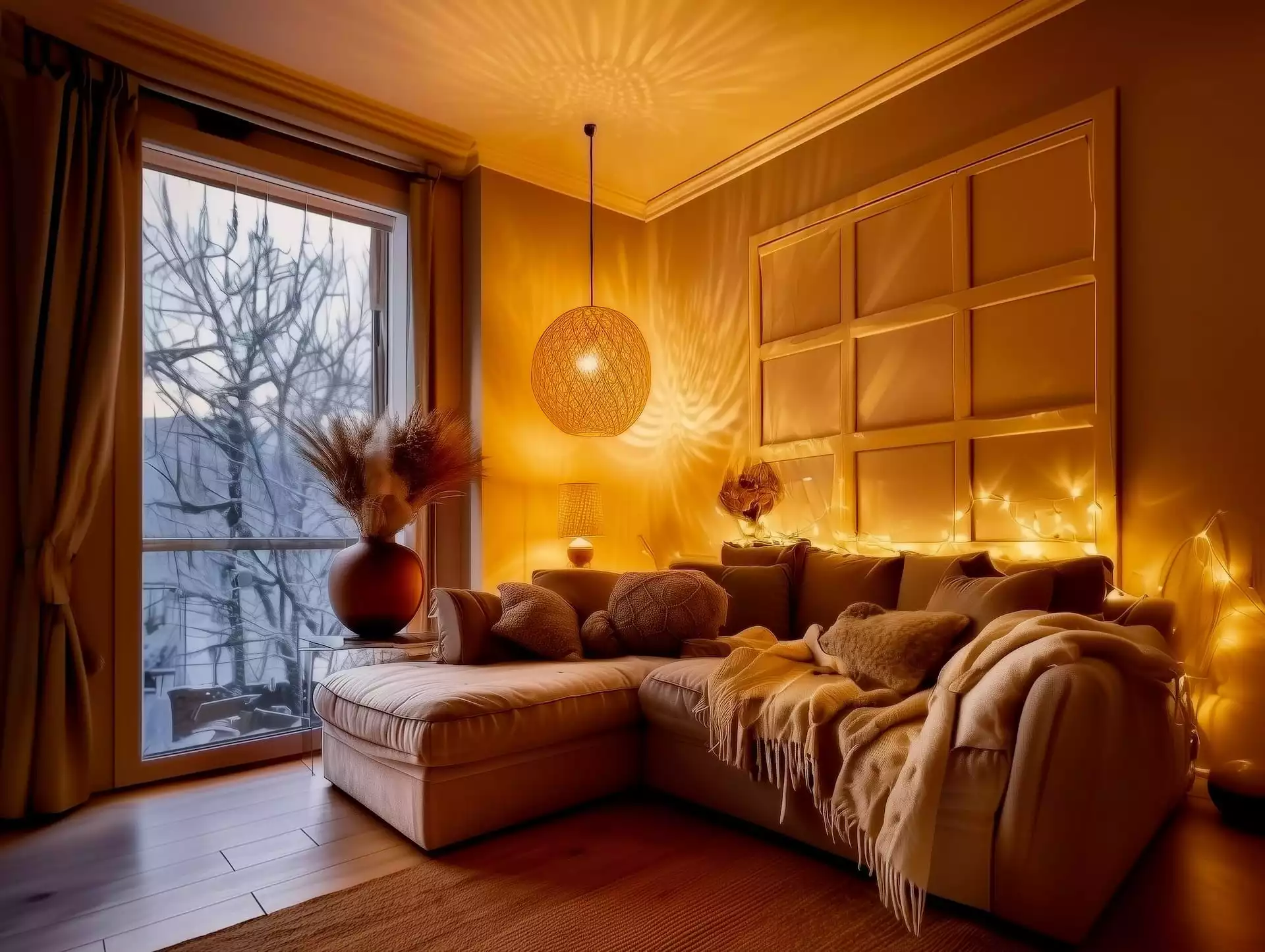 Lampes d’appoint et suspension tressée sur mur sable