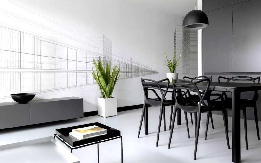 Salon lumineux Urban Graphic avec mur à dessin architectural, table noire et chaises design, deux plantes vertes