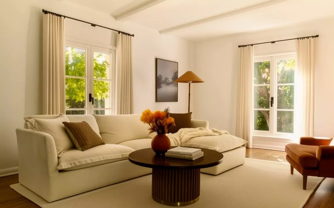 Salon scandinave chaleureux : grand canapé écru, voilages crème, table basse cannelée en chêne, lampadaire cône, fauteuil ocre, lumière douce