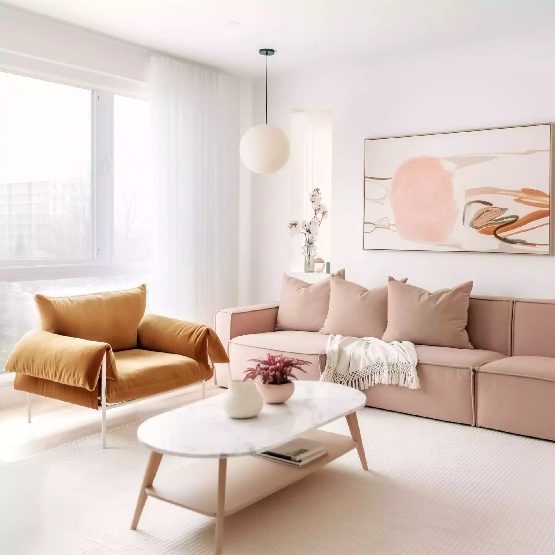 Salon scandinave chaleureux avec canapé rose poudré, fauteuil ocre, voilages blancs, suspension boule et table basse marbre-bois devant un tableau abstrait