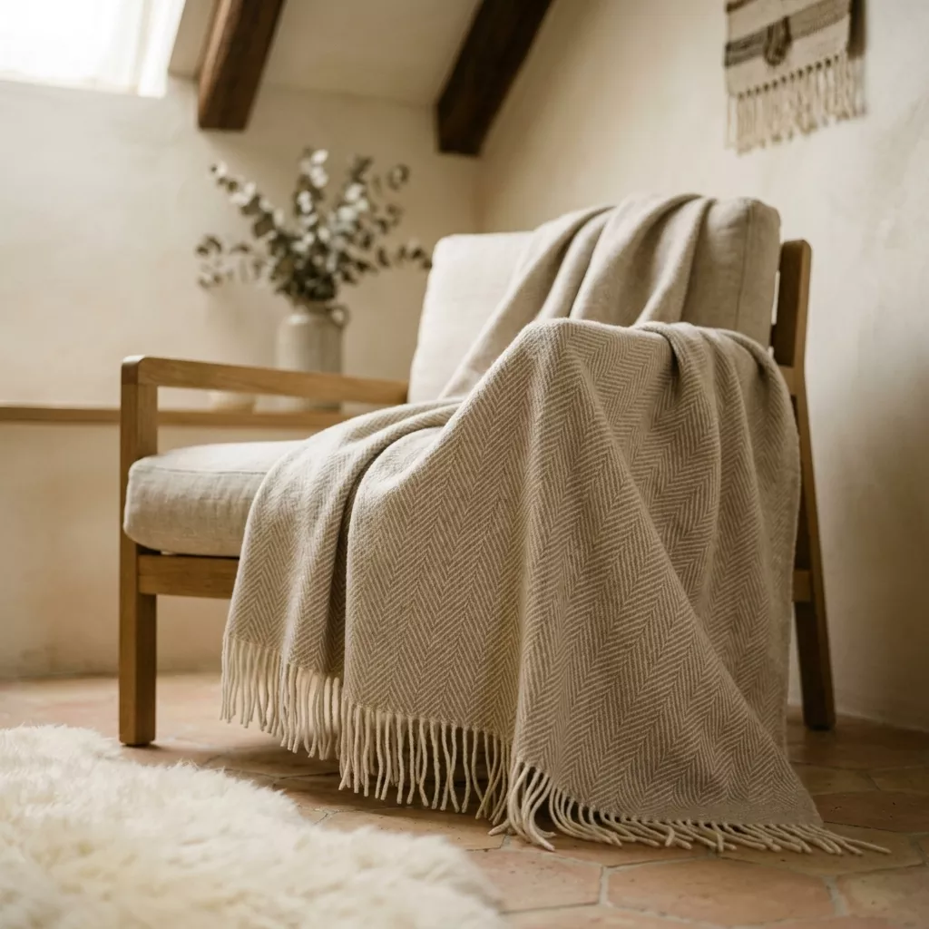 Plaid écru en laine mérinos et cachemire tissage chevron drapé sur fauteuil bois clair, pièce à poutres et tomettes terracotta
