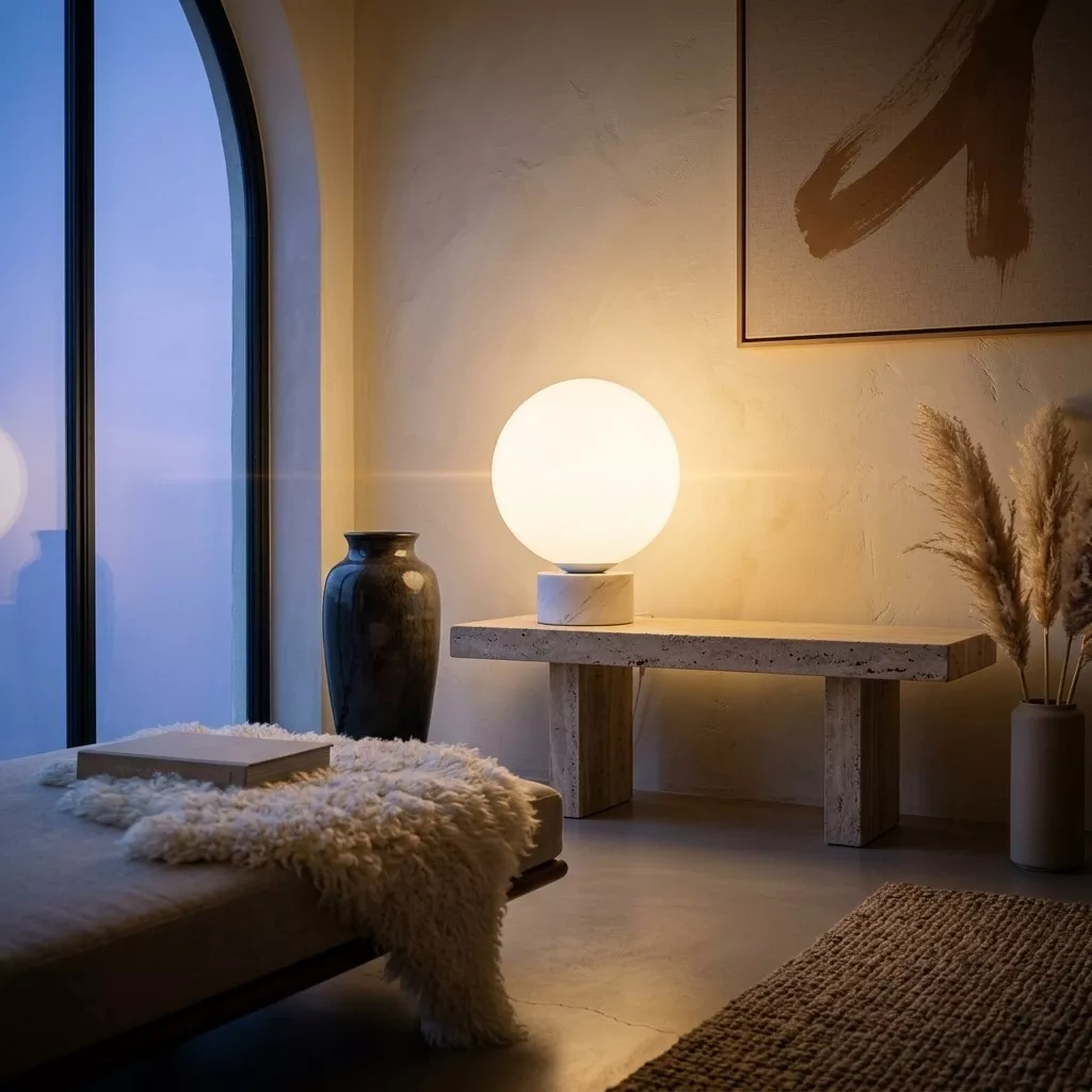 Lampe Sphère globe opalin allumé sur console travertin, lumière dorée dans un intérieur Organic Modern au crépuscule