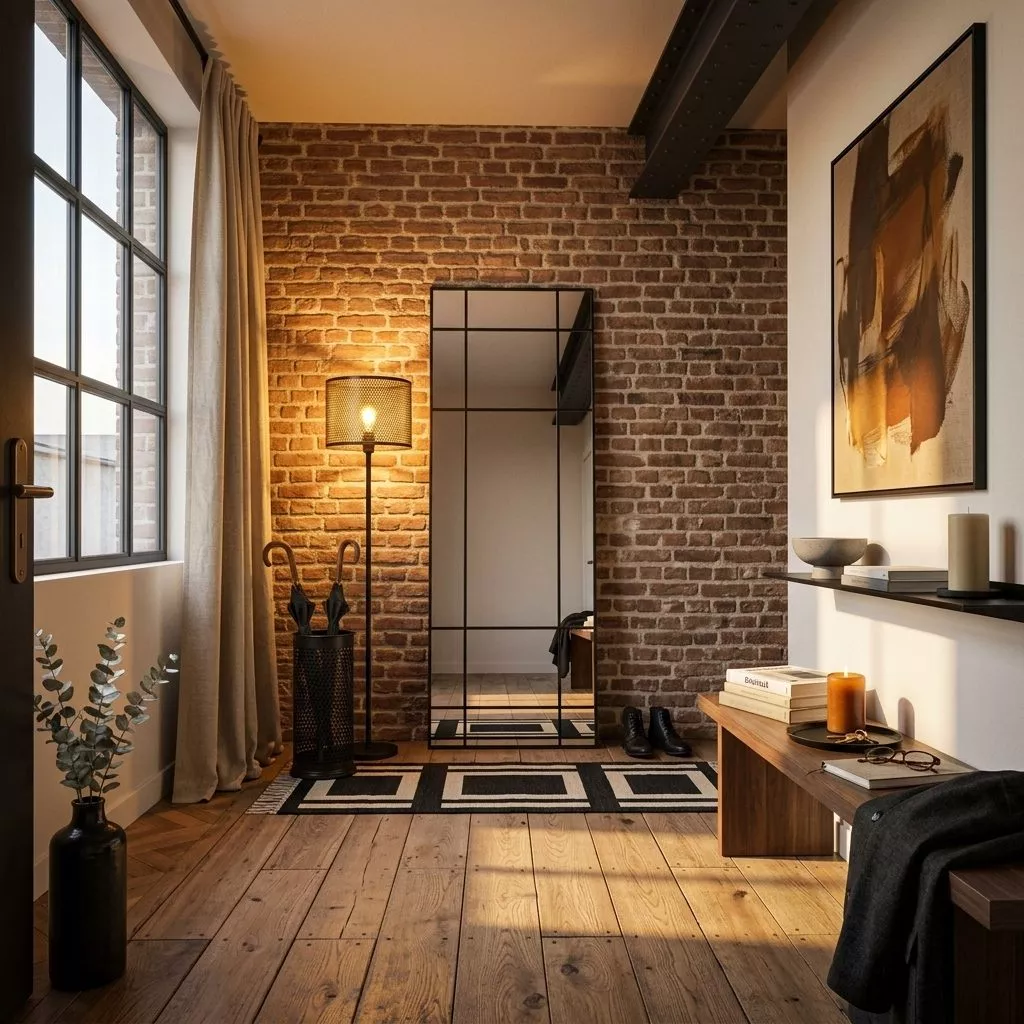 Miroir verrière Isak dans une entrée loft, mur brique rouge brute, lampadaire cage filament, poutre IPN noire et banc noyer