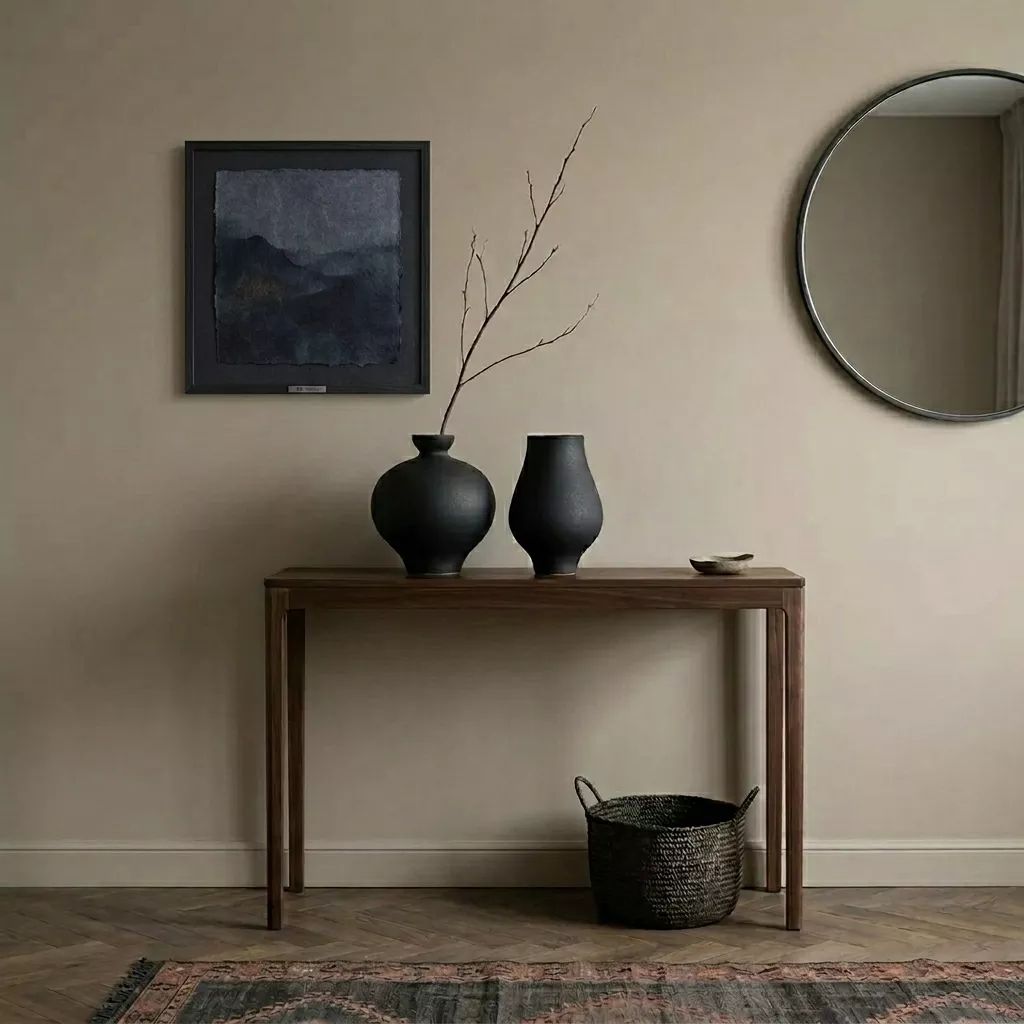Duo de vases céramique noire sur console noyer, entrée japandi mur mushroom, miroir rond et branche sèche graphique