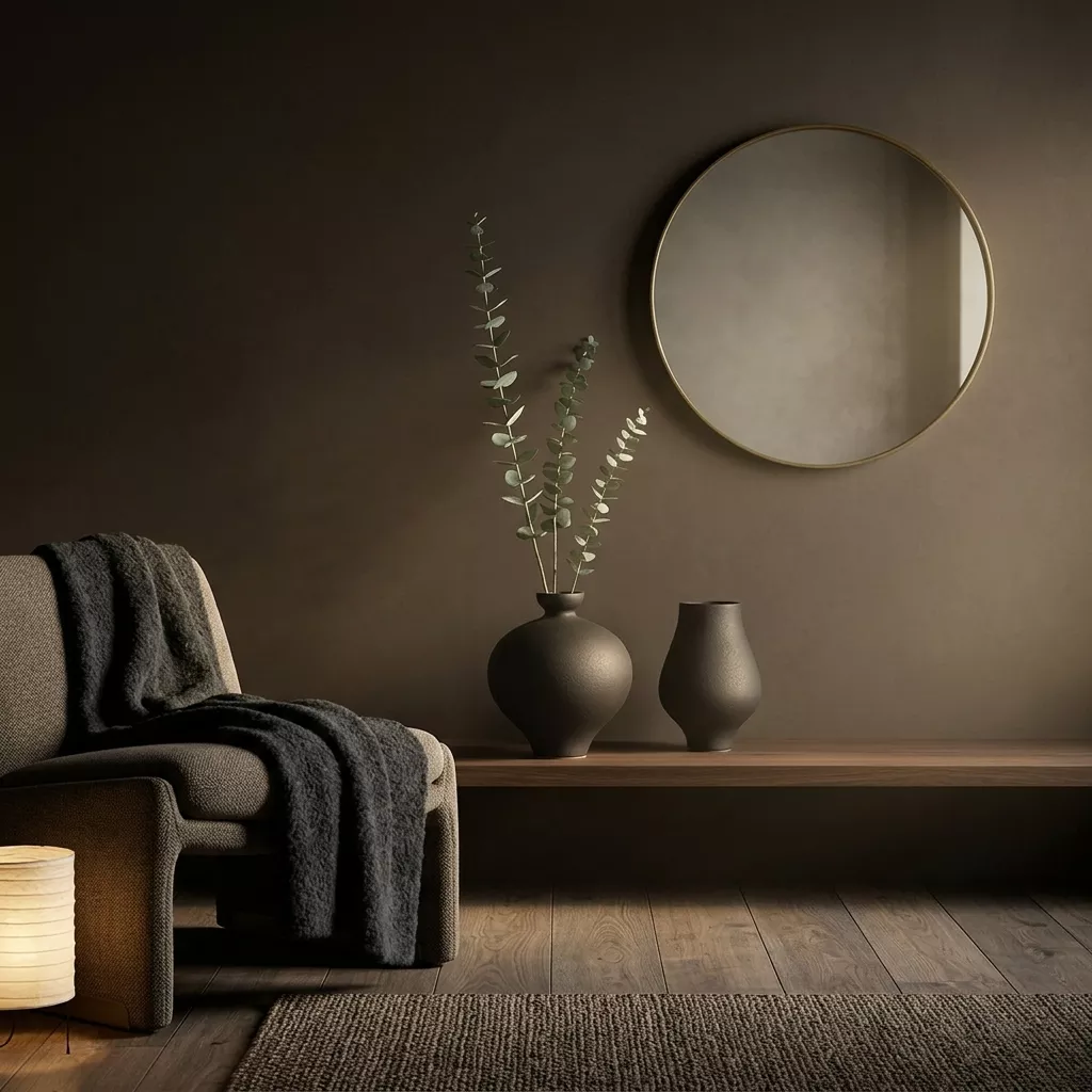 Duo de vases céramique noire sur étagère basse, coin japandi tadelakt terre foncée, eucalyptus et lumière ambrée enveloppante