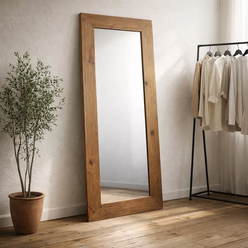 Miroir bois recyclé 80x180 dans un dressing épuré, mur blanc, parquet, porte-habits métal noir et plante olive